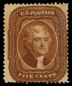 Values of US Stamps Scott Catalogue # 30 - 1861 5c Jefferson. Daniel Kelleher Auctions, Oct 2014, Sale 660, Lot 2057