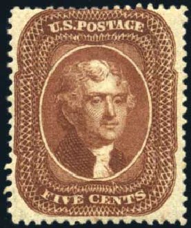US Stamps Prices Scott #30 - 1861 5c Jefferson. Harmer-Schau Auction Galleries, Feb 2009, Sale 80, Lot 1102