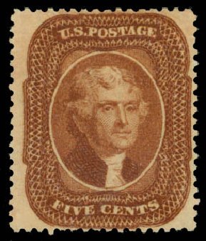 US Stamp Prices Scott Cat. 30: 1861 5c Jefferson. Daniel Kelleher Auctions, Dec 2014, Sale 661, Lot 62