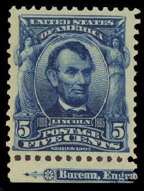 US Stamps Values Scott Catalog 304 - 1903 5c Lincoln. Daniel Kelleher Auctions, Aug 2012, Sale 631, Lot 1058