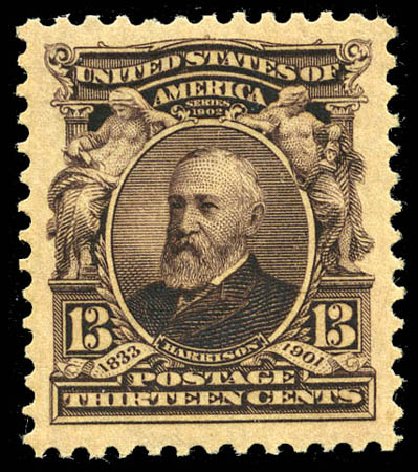 Values of US Stamps Scott Cat. #308 - 13c 1902 Harrison. Matthew Bennett International, Mar 2012, Sale 344, Lot 4489