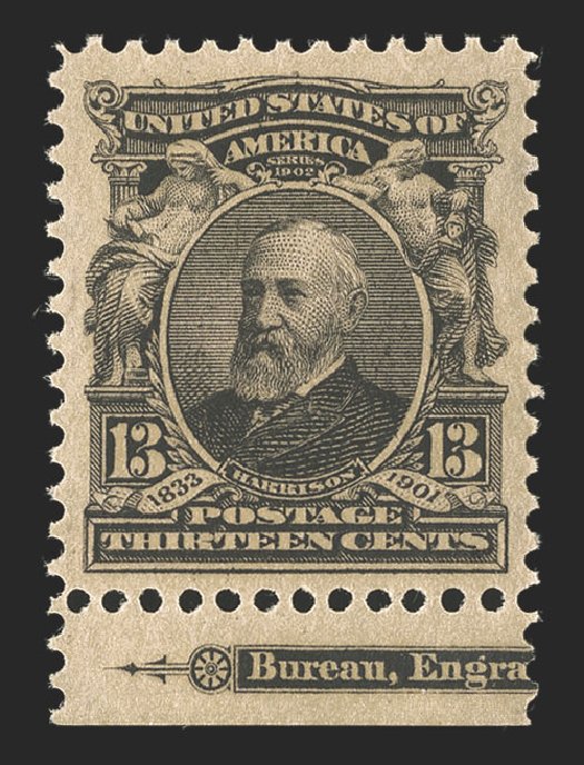 US Stamps Values Scott Cat. 308: 1902 13c Harrison. Spink Shreves Galleries, Jul 2012, Sale 140, Lot 212