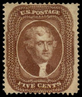 Prices of US Stamp Scott # 30A - 5c 1860 Jefferson. Daniel Kelleher Auctions, Dec 2013, Sale 640, Lot 77