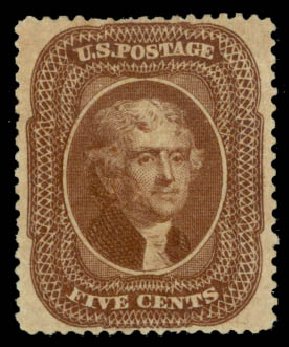 US Stamps Prices Scott Catalogue #30A: 1860 5c Jefferson. Daniel Kelleher Auctions, May 2014, Sale 652, Lot 117