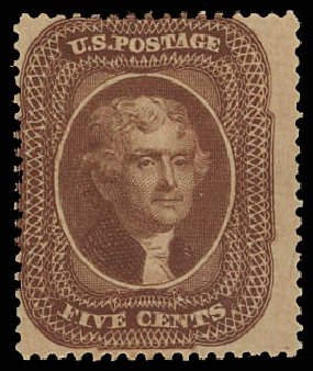 Value of US Stamp Scott # 30A - 5c 1860 Jefferson. Daniel Kelleher Auctions, Aug 2012, Sale 631, Lot 729
