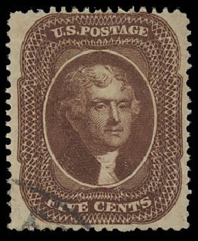 US Stamp Value Scott 30A - 5c 1860 Jefferson. Daniel Kelleher Auctions, Oct 2012, Sale 632, Lot 959