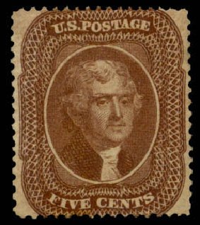 Price of US Stamps Scott 30A: 1860 5c Jefferson. Daniel Kelleher Auctions, Apr 2013, Sale 636, Lot 80
