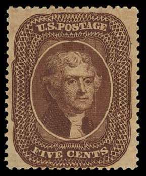 US Stamp Values Scott Catalogue 30A - 1860 5c Jefferson. Daniel Kelleher Auctions, Apr 2012, Sale 629, Lot 173
