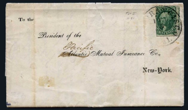 US Stamps Values Scott Cat. 31: 10c 1857 Washington. Harmer-Schau Auction Galleries, Aug 2014, Sale 102, Lot 1672