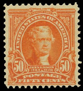 Values of US Stamps Scott #310: 50c 1903 Jefferson. Daniel Kelleher Auctions, Apr 2012, Sale 629, Lot 288