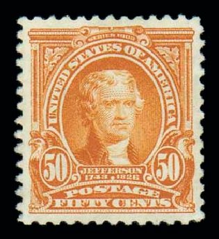 Value of US Stamp Scott Cat. # 310: 1903 50c Jefferson. Matthew Bennett International, Oct 2007, Sale 320, Lot 543