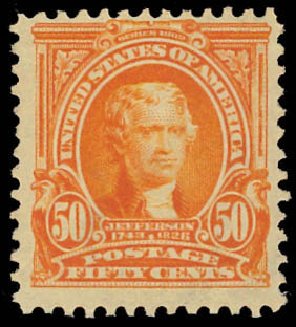 Values of US Stamps Scott #310 - 50c 1903 Jefferson. Daniel Kelleher Auctions, Oct 2012, Sale 632, Lot 1236