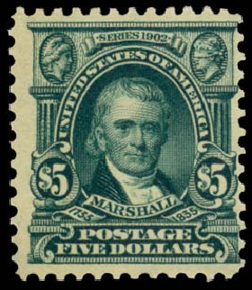 Values of US Stamps Scott Catalogue #313: 1903 US$5.00 Marshall. Daniel Kelleher Auctions, Jan 2015, Sale 663, Lot 1627