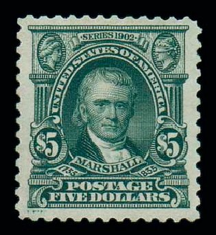 Values of US Stamps Scott # 313: US$5.00 1903 Marshall. Matthew Bennett International, Oct 2007, Sale 320, Lot 548