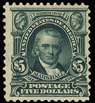 US Stamps Values Scott Catalog # 313: US$5.00 1903 Marshall. Cherrystone Auctions, Nov 2008, Sale 200811, Lot 1099