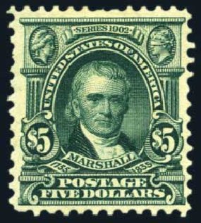 US Stamps Values Scott 313: 1903 US$5.00 Marshall. Harmer-Schau Auction Galleries, Aug 2011, Sale 90, Lot 1461