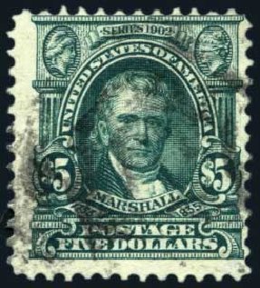 Value of US Stamp Scott Cat. 313: 1903 US$5.00 Marshall. Harmer-Schau Auction Galleries, Aug 2011, Sale 90, Lot 1464