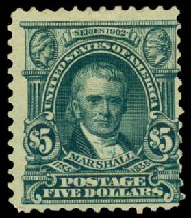 Prices of US Stamp Scott Catalog #313 - US$5.00 1903 Marshall. Daniel Kelleher Auctions, Dec 2013, Sale 640, Lot 294