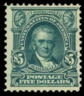 Values of US Stamp Scott Cat. 313 - 1903 US$5.00 Marshall. Daniel Kelleher Auctions, Sep 2013, Sale 639, Lot 3415