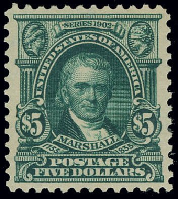 US Stamp Values Scott #313 - 1903 US$5.00 Marshall. Matthew Bennett International, Jun 2008, Sale 328, Lot 853