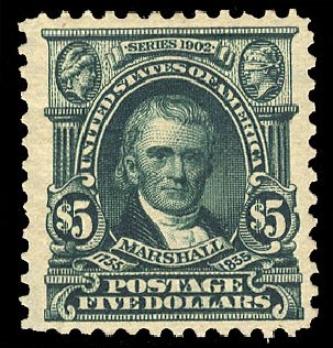 US Stamp Prices Scott # 313: US$5.00 1903 Marshall. Cherrystone Auctions, Sep 2012, Sale 201209, Lot 73