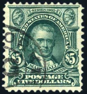 US Stamp Values Scott Cat. #313: 1903 US$5.00 Marshall. Harmer-Schau Auction Galleries, Jun 2008, Sale 78, Lot 1506
