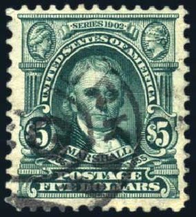 Value of US Stamp Scott # 313 - 1903 US$5.00 Marshall. Harmer-Schau Auction Galleries, Jul 2010, Sale 86, Lot 506