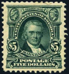 US Stamp Values Scott Catalogue # 313 - 1903 US$5.00 Marshall. Harmer-Schau Auction Galleries, May 2013, Sale 97, Lot 366