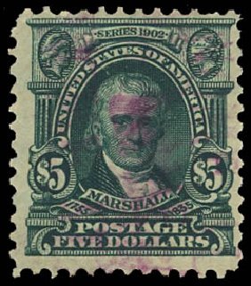US Stamps Prices Scott Catalog 313: US$5.00 1903 Marshall. Daniel Kelleher Auctions, Jan 2012, Sale 628, Lot 436