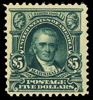 US Stamp Values Scott Catalog #313 - US$5.00 1903 Marshall. Daniel Kelleher Auctions, Dec 2012, Sale 633, Lot 566