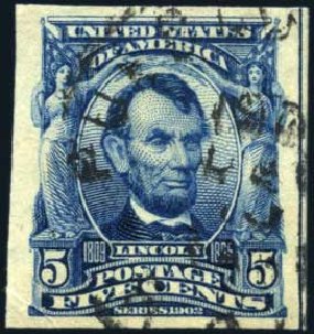 US Stamps Price Scott #315 - 5c 1908 Lincoln Imperf. Harmer-Schau Auction Galleries, Apr 2010, Sale 85, Lot 287