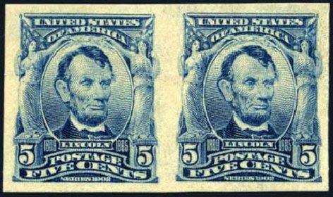 US Stamps Values Scott # 315 - 1908 5c Lincoln Imperf. Harmer-Schau Auction Galleries, Aug 2011, Sale 90, Lot 1467