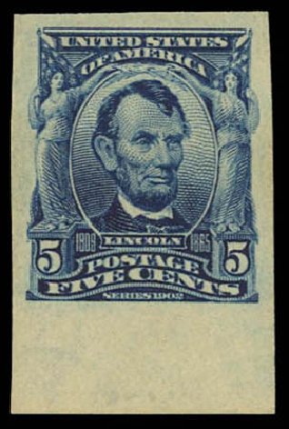 US Stamp Values Scott Catalogue # 315: 5c 1908 Lincoln Imperf. Daniel Kelleher Auctions, Oct 2011, Sale 626, Lot 307