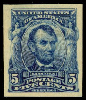 US Stamps Value Scott Catalogue # 315 - 1908 5c Lincoln Imperf. Daniel Kelleher Auctions, Apr 2013, Sale 636, Lot 287