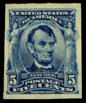 US Stamp Values Scott Cat. 315 - 1908 5c Lincoln Imperf. Daniel Kelleher Auctions, May 2014, Sale 652, Lot 477