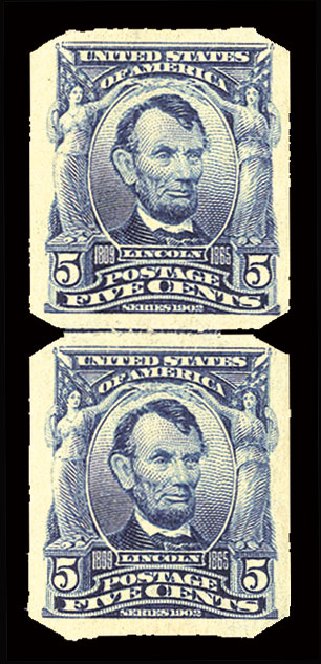 US Stamps Value Scott Catalog # 315 - 1908 5c Lincoln Imperf. Cherrystone Auctions, Mar 2013, Sale 201303, Lot 68