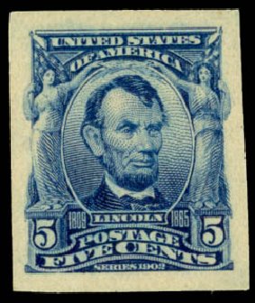 US Stamps Value Scott 315 - 1908 5c Lincoln Imperf. Daniel Kelleher Auctions, May 2014, Sale 652, Lot 478