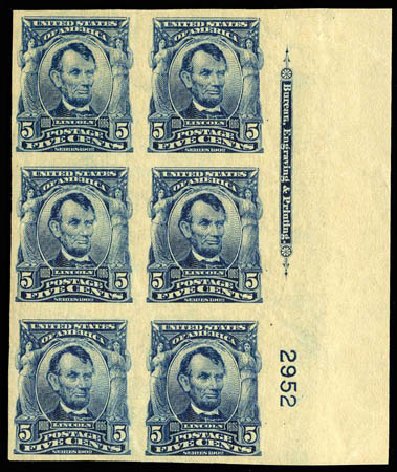 US Stamps Values Scott Catalogue #315: 5c 1908 Lincoln Imperf. Matthew Bennett International, Apr 2008, Sale 326, Lot 319