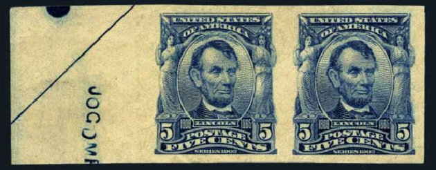 Value of US Stamp Scott Catalogue # 315 - 5c 1908 Lincoln Imperf. Harmer-Schau Auction Galleries, Aug 2014, Sale 102, Lot 1969