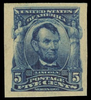 Cost of US Stamps Scott Catalog 315: 1908 5c Lincoln Imperf. Daniel Kelleher Auctions, Oct 2012, Sale 632, Lot 1239