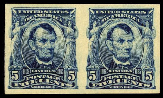 Price of US Stamps Scott Catalogue 315 - 1908 5c Lincoln Imperf. Daniel Kelleher Auctions, Dec 2012, Sale 633, Lot 569
