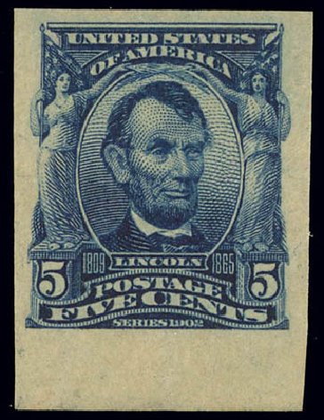 US Stamp Values Scott 315: 5c 1908 Lincoln Imperf. Daniel Kelleher Auctions, Feb 2013, Sale 634, Lot 209