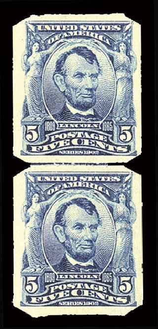 Prices of US Stamps Scott 315: 5c 1908 Lincoln Imperf. Cherrystone Auctions, Sep 2010, Sale 201009, Lot 90