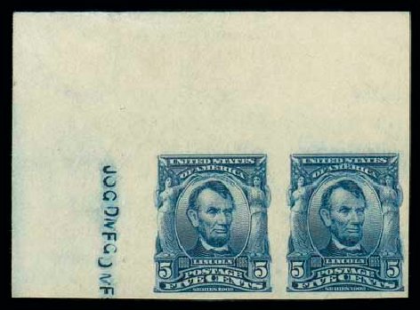 Values of US Stamp Scott Catalog 315: 1908 5c Lincoln Imperf. Matthew Bennett International, Dec 2007, Sale 324, Lot 1181