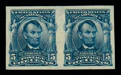 US Stamps Values Scott Cat. 315 - 5c 1908 Lincoln Imperf. Matthew Bennett International, Dec 2007, Sale 325, Lot 1941