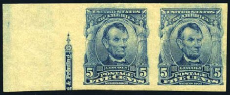 Value of US Stamps Scott Catalog 315 - 1908 5c Lincoln Imperf. Harmer-Schau Auction Galleries, Oct 2008, Sale 79, Lot 171