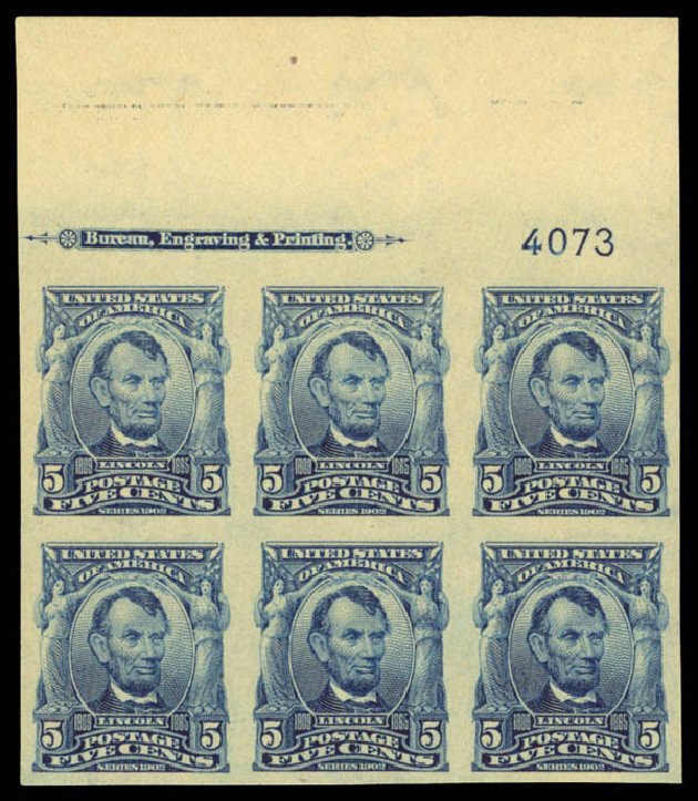 US Stamps Prices Scott #315: 5c 1908 Lincoln Imperf. Daniel Kelleher Auctions, May 2014, Sale 653, Lot 2401