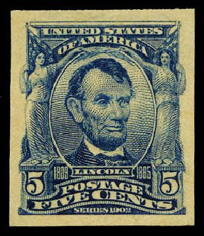 Price of US Stamps Scott Cat. # 315 - 1908 5c Lincoln Imperf. Daniel Kelleher Auctions, May 2015, Sale 669, Lot 2871