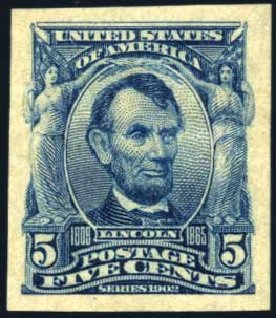 US Stamp Prices Scott 315 - 1908 5c Lincoln Imperf. Harmer-Schau Auction Galleries, Feb 2010, Sale 84, Lot 1524