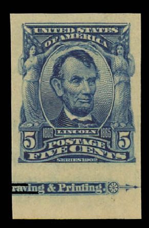 Values of US Stamp Scott Cat. # 315: 1908 5c Lincoln Imperf. Daniel Kelleher Auctions, Jun 2012, Sale 630, Lot 1724